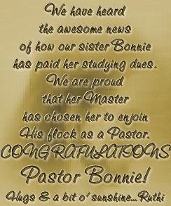 God bless you sissy Bonnie!